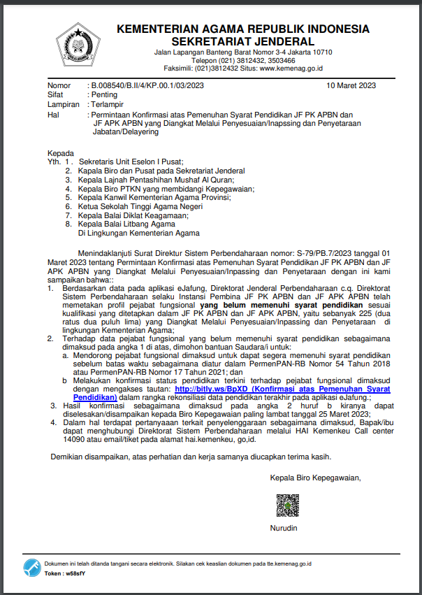 Permintaan Konfirmasi atas Pemenuhan Syarat Pendidikan JF PK APBN dan JF APK APBN yang Diangkat Melalui Penyesuaian/Inpassing dan Penyetaraan Jabatan/Delayering