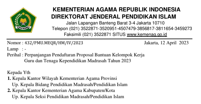 Perpanjangan Pendaftaran Proposal Bantuan POKJA GTK Madrasah Tahun 2023