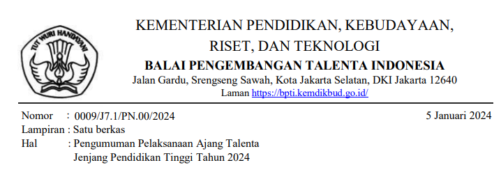 Pengumuman Pelaksanaan Ajang Talenta Jenjang DIKTI 2024
